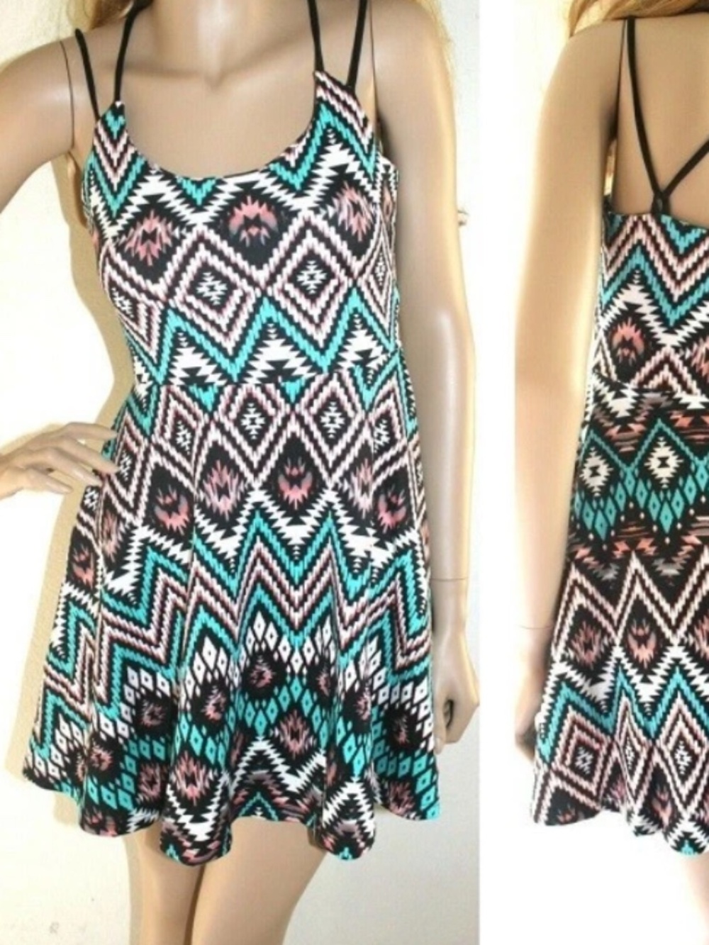 NWT Bebe 2b black green pink white fit flare multi straps cross back dress